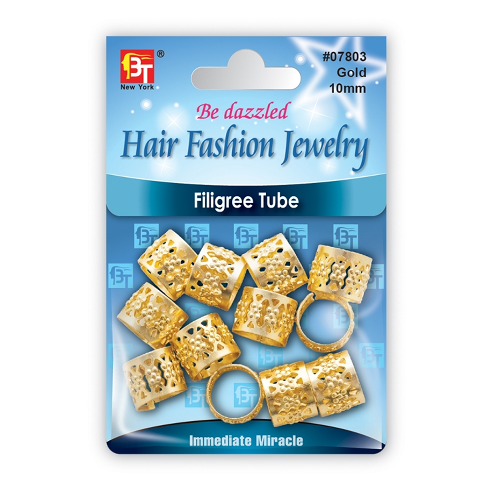 BT Charm Filigree Tubes Hair Jewelry Gold 10mm
